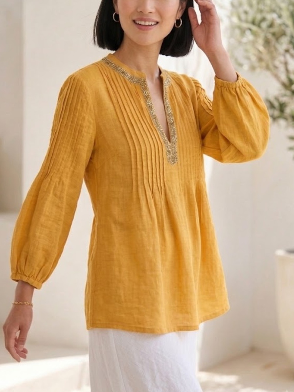 NWT 120% LINO Marigold Yellow Beaded V-Neck Pleated Tunic Top size L (46 IT)